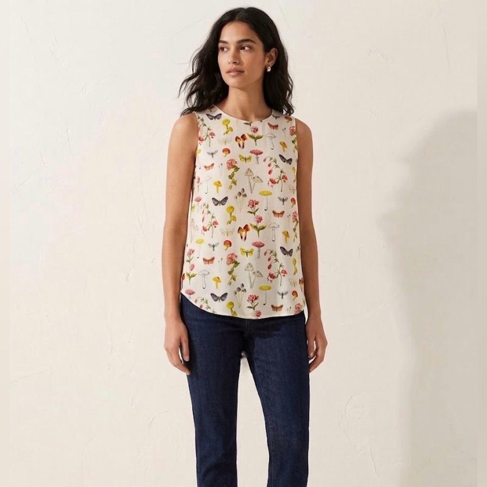 Equipment femme 100% Silk Ivory Cottagecore Sleeveless Top Mushroom Butterfly -S